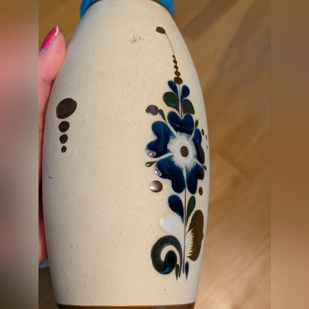 Vintage Tonala Sandstone Mexican Pottery Vase Flowers Floral Blue Brown Signed
